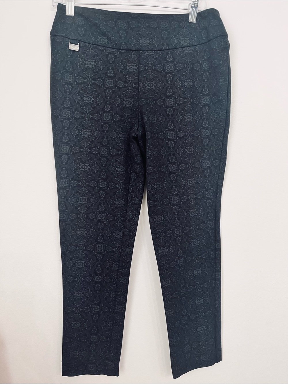 Pull On Black Stretch Ankle Pants Geometric Floral Print Office Career Size 8